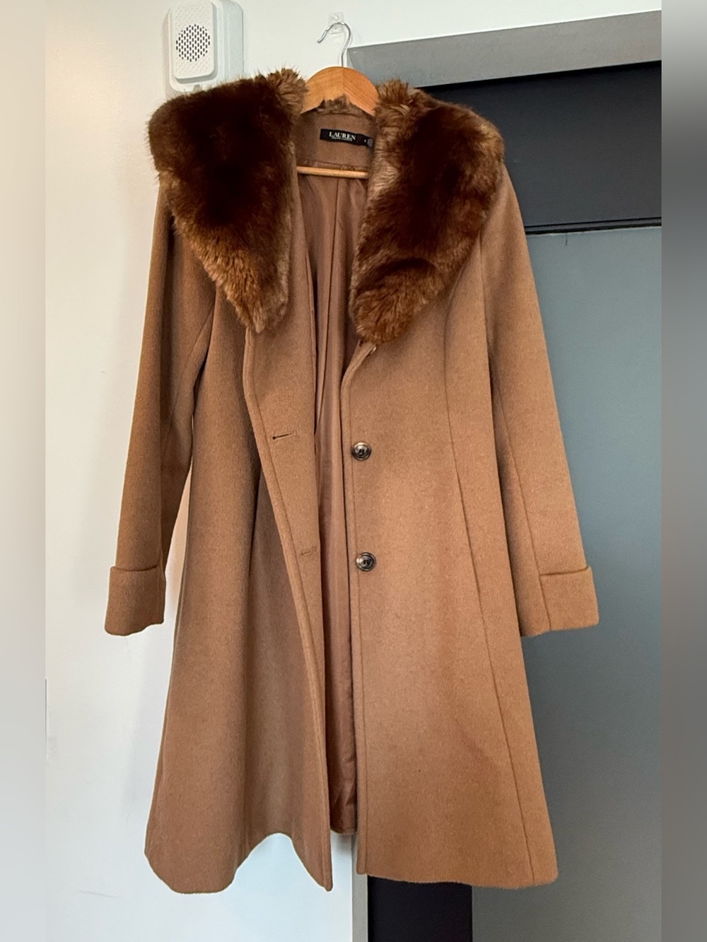 Vintage Lauren Camel Wool Coat with Fur Collar